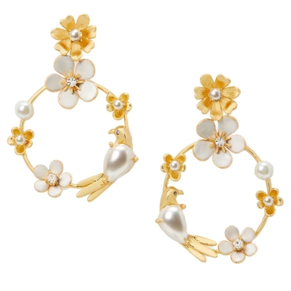 KATE SPADE • Spring Scene Flower Lovebirds Dove Hoop Earrings